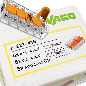 WAGO 221-415 Клеммник безвинтовой 5х(0,14-4,0) мм2 для медного провода 25 шт. WAGO 221-415 Клеммник безвинтовой 5х(0,14-4,0) мм2 для медного провода 25 шт.
