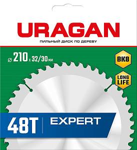 URAGAN Expert, 210 х 32/30 мм, 48Т, пильный диск по дереву (36802-210-32-48)