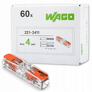 WAGO 221-2411 Клеммник безвинтовой 1 пара 2х(0,2-4,0) мм2 32A Cu / 60 шт. WAGO 221-2411 Клеммник безвинтовой 1 пара 2х(0,2-4,0) мм2 32A Cu / 60 шт.