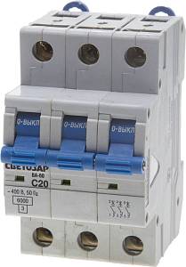 СВЕТОЗАР 3-полюсный, 20 A ″C″ откл. сп., 6 кА, 400 В, автоматический выключатель (SV-49063-20-C)