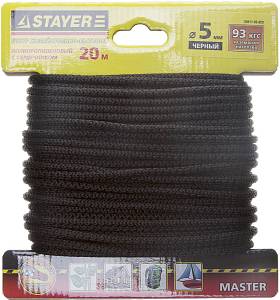 Шнур STAYER "MASTER" хозяйственно-бытовой, полипропиленовый, вязанный, с сердечником, черный, d 5, 20м 50411-05-020